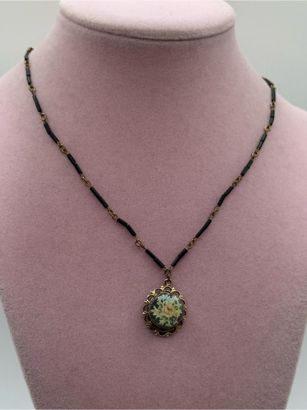 1928 Vintage Floral Porcelain Pendant Necklace - Gold and Black